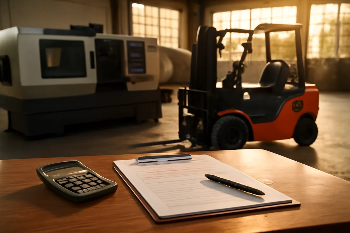 A CNC machining center and an orange forklift inside an industrial facility lit by warm late-day sun, with a calculator, a clipboard, and a pen resting on a wooden desk in the foreground