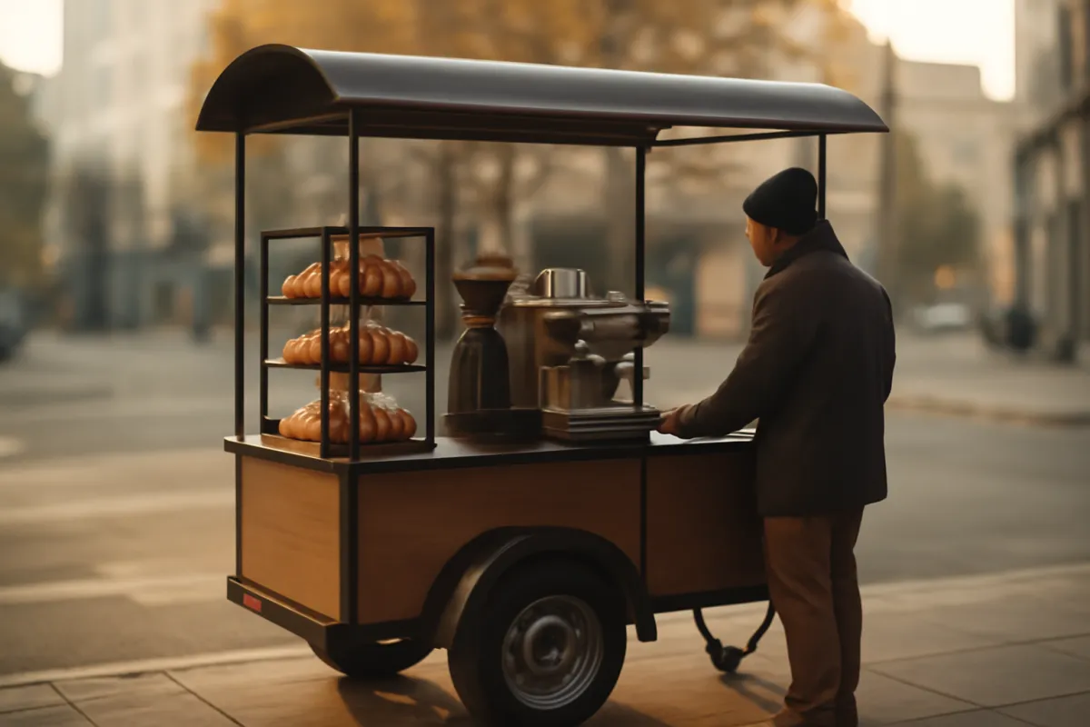 A compact wheeled vending cart with a canopy roof, a small espresso machine, and a shelf of pastries, parked on a city sidewalk as a vendor in a beanie serves a customer at dusk