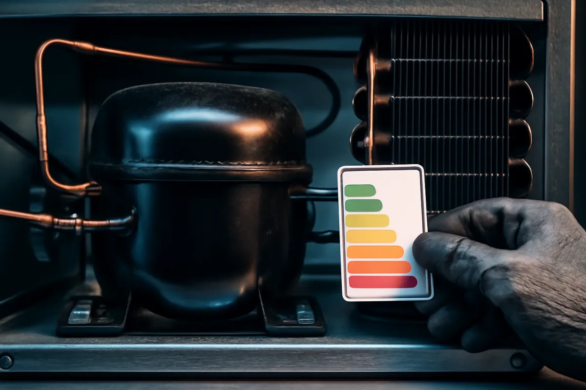 A black refrigeration compressor and copper condenser coils inside an equipment housing, with a hand holding an energy-efficiency rating card showing colors shifting from green to red