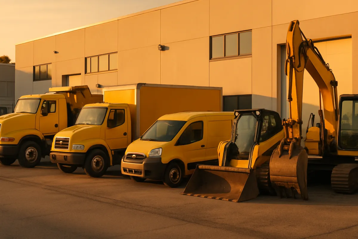 A yellow box truck and a dump truck parked beside a cargo van, a skid-steer loader, and an excavator outside a pale industrial building at low sun