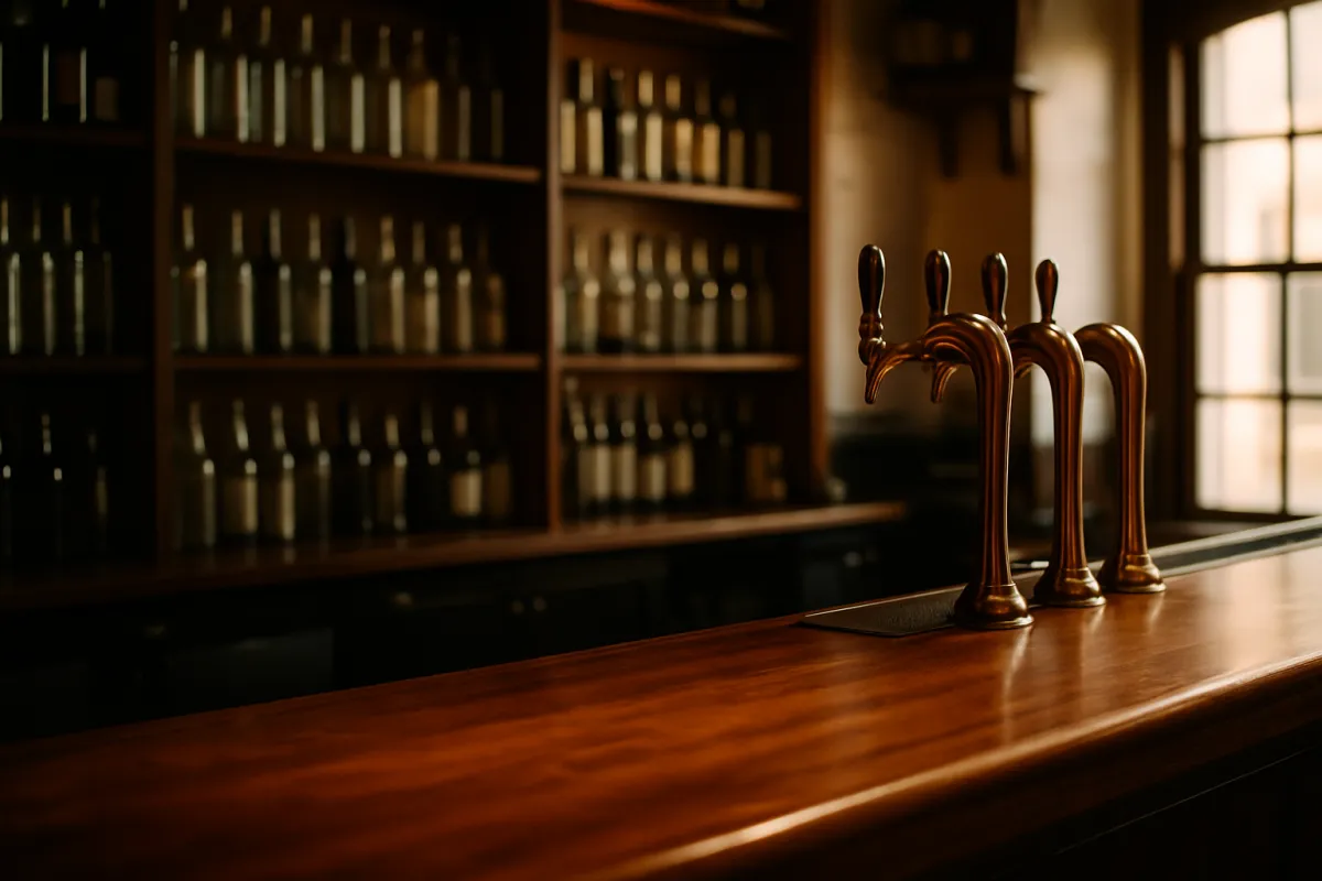A polished wooden bar top with a brass draft tower carrying four tap handles, backed by tall shelves of unlabeled bottles beside a bright window