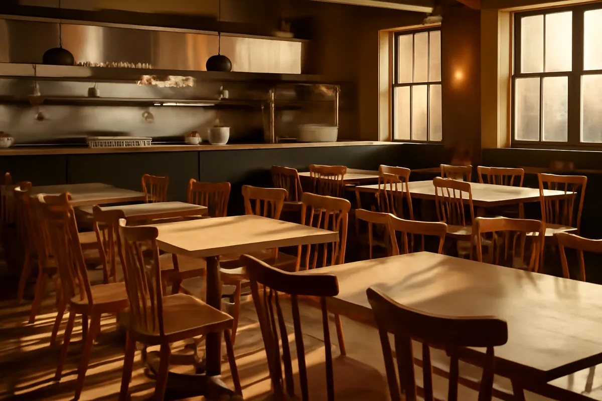Interior of a full-service restaurant before opening, with chairs set around bare tables and a stainless service pass behind, in warm amber light