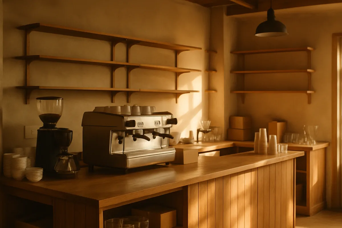 The wooden counter of a coffee shop being set up before opening, with a commercial espresso machine, a grinder, stacked cups and empty wall shelves in warm light