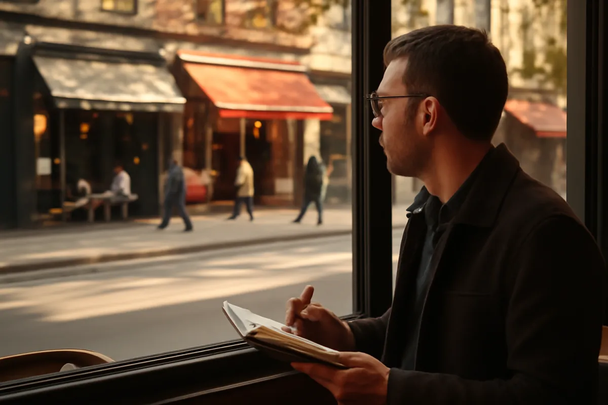 A person in a dark jacket and glasses sitting at a window counter with an open notebook and a pen, looking out across an empty street toward storefronts with awnings and a few blurred pedestrians on the far sidewalk