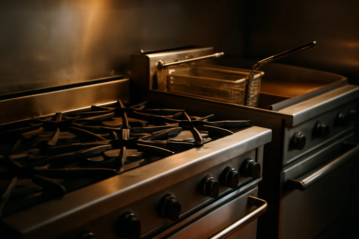 A deep fryer with two wire frying baskets hooked over the rim of its vat, standing beside a stainless gas range with cast iron burner grates and a row of control knobs, lit warmly from one side in a dark kitchen