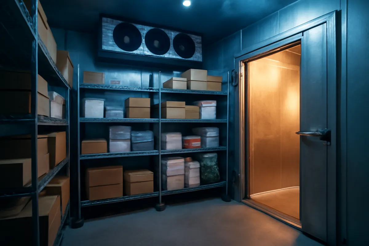 A cold storage room with wire shelving holding cardboard boxes and lidded containers, a ceiling-mounted cooling unit with three round fans, and an insulated door standing open onto a warmly lit space