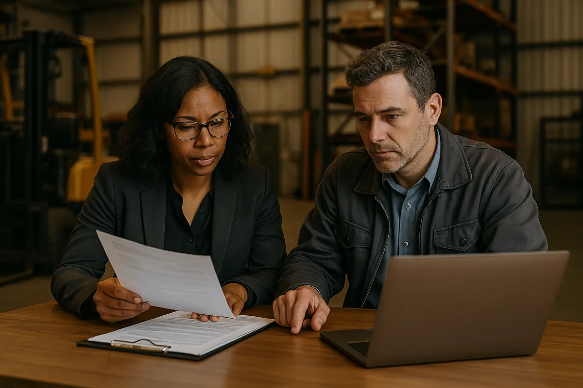 Two people sitting side by side at a wooden table inside a warehouse, one holding up a printed page above a clipboard of stapled documents while the other rests a hand beside an open laptop, with steel racking and a parked yellow machine behind them