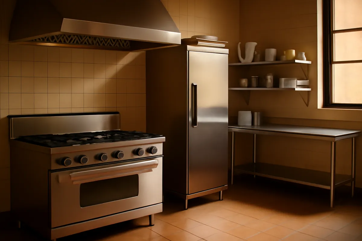 A complete commercial kitchen equipment package staged along a wall: a stainless range, a reach-in refrigerator, a prep table, and shelving