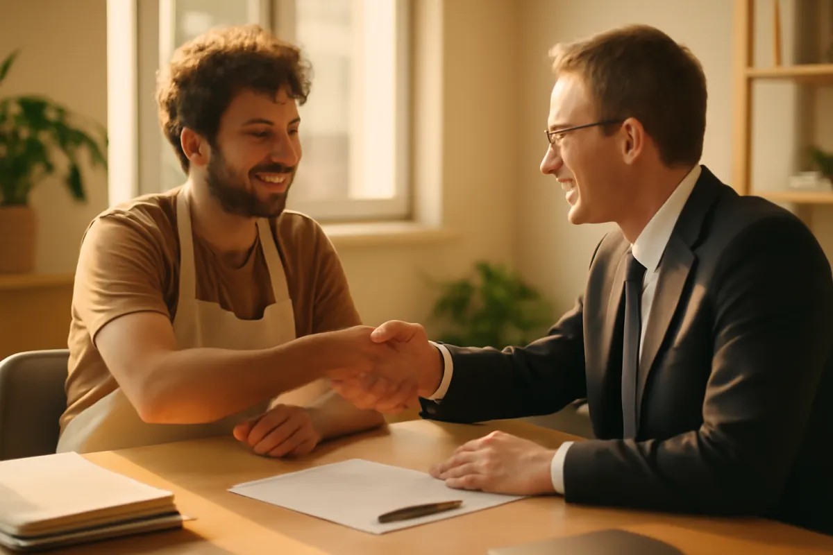 Two men shaking hands across a wooden table in a sunlit room, one in an apron and one in a dark suit, with a blank sheet of paper and a pen on the table between them