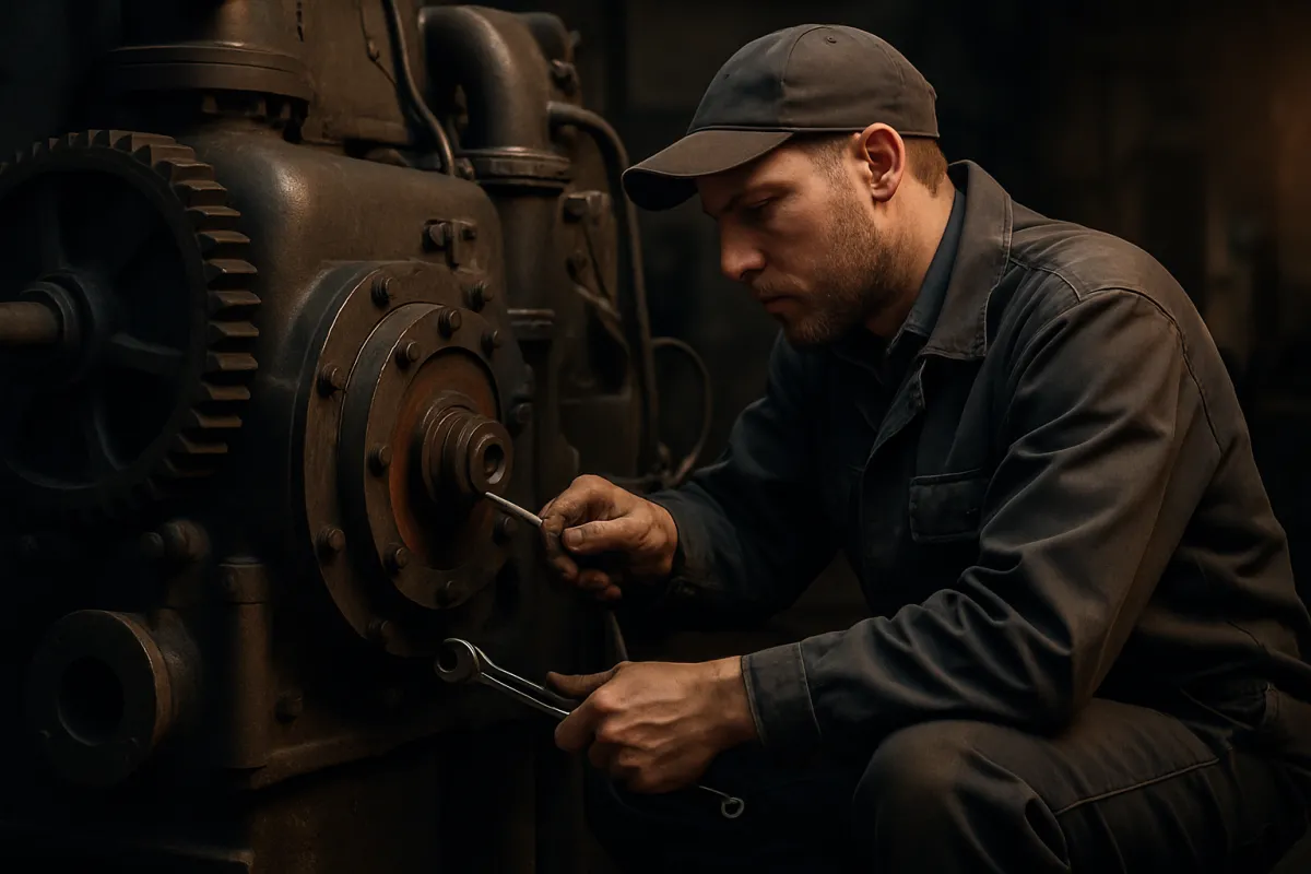 A technician in a cap and dark work jacket kneeling with a wrench at the bolted flange of a large dark industrial machine under dim warm light