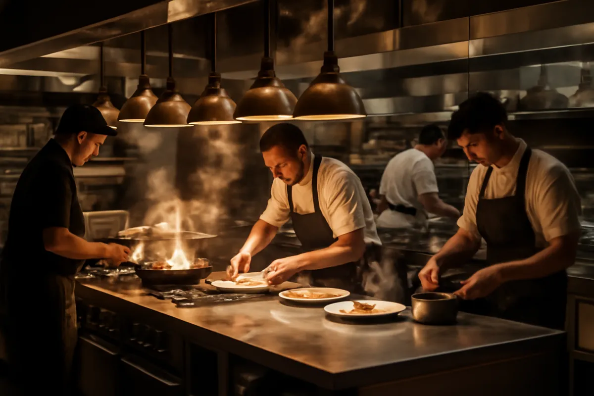 Four cooks working a kitchen line under a row of domed hanging lamps, one of them plating at a stainless pass holding three white plates while a pan flames behind him